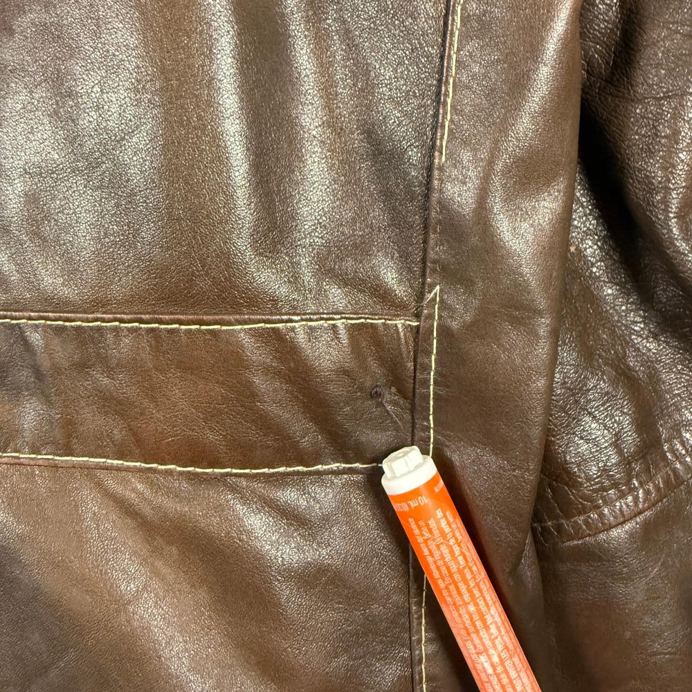 Vintage 70's Towncraft Leather Jacket Safari Coat Size 38 Brown Front Pockets - Picture 13 of 15